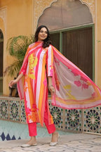 ANNI DESIGNER Womens Cotton Blend Straight Printed Kurta with Pant & Dupatta (Kapila Pink_M_Pink_Medium)