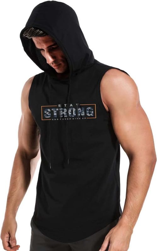 Hit Square Sleeveless Hoodie For Men Dry Fit Vest Gym Wear Graphic Printed Stylish Round Neck Running Sando (Gh22BlackXlStay 