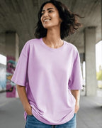 Bewakoof Womens Loose Fit Solid Lavender Round Neck Half Sleeve T-Shirt