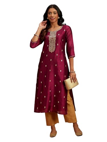 Libas Women'S Silk Embroidered Straight Kurtas (58030_Purple