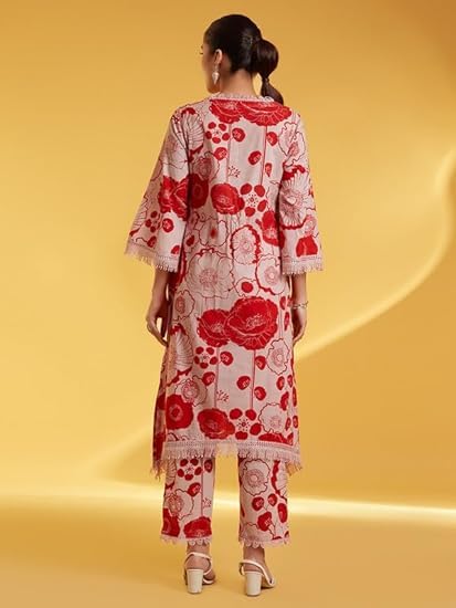 LookMark Womens Printed Cotton Blend Straight Kurta Pant Set with Lace - Comfortable Ethnic Wear for Women, Elegant Design, Sui