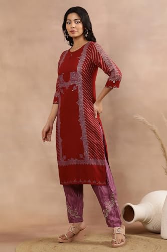 W Women Red Festive Geometric Print Viscose A-Line Kurta Set With Salwar & Dupatta