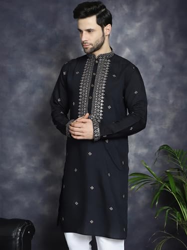 Jompers MenS Black Sequin Embroidered Kurtas