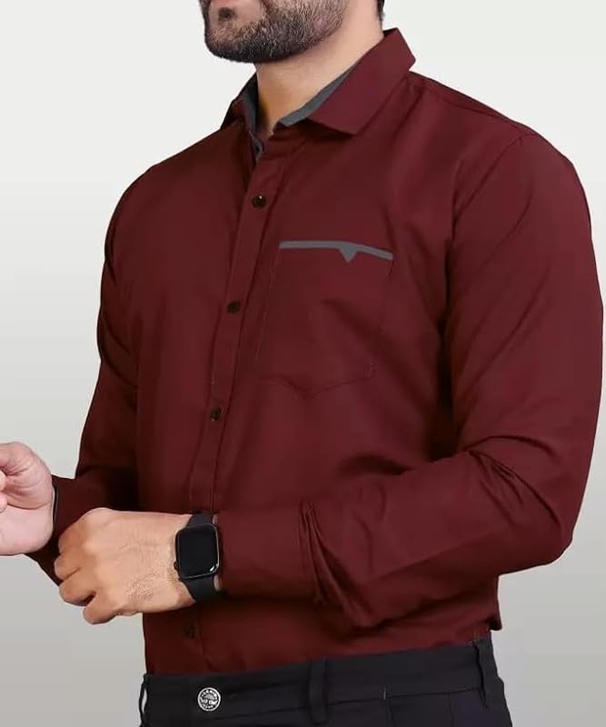 Tee Projekt Mens Regular Fit Solid Soft Touch Cotton Casual Shirt with Pocket Design with Spread Collar & Full Sleeves. Maroon