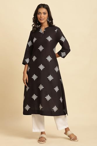 W Women Black Floral Print Cotton A-Line Kurta