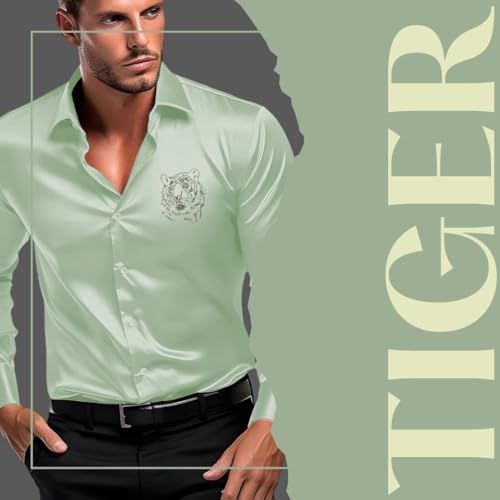 Indoprimo MenS Satin Stylish Club Wear Tiger Diamond Print Shirt Full Sleeve Pista