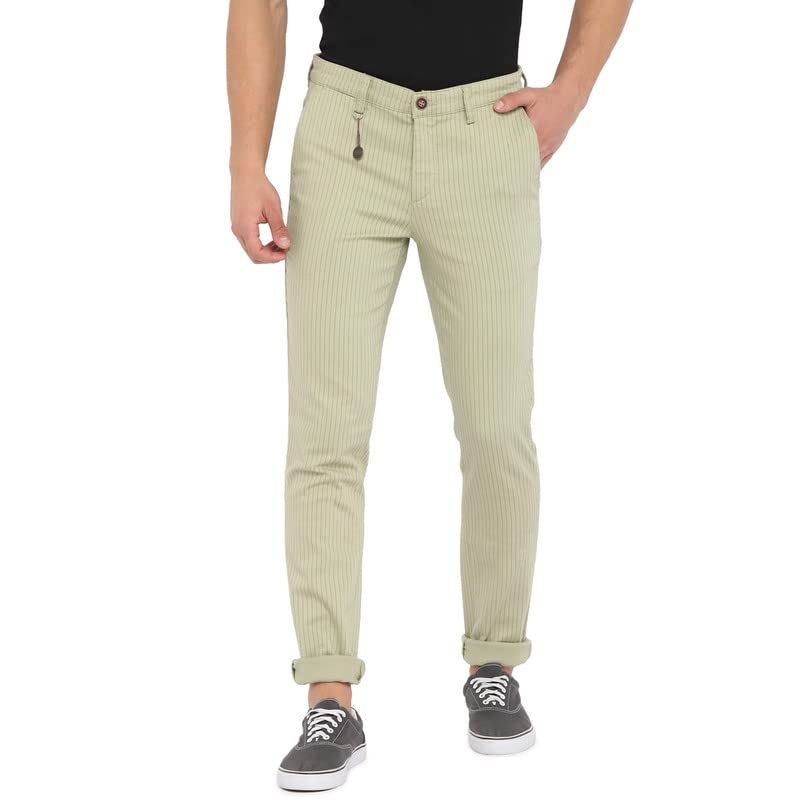 Turtle Men Cream Striped Narrow Fit Trousers