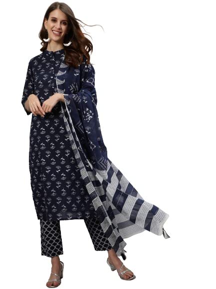 Anubhutee Women'S Blue Printed Kurta Suit Set With Pants And Dupatta (Anu2001961S)