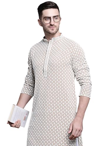 Jompers Men Sequin Embroidered Pure Cotton Kurtas (Beige, L)