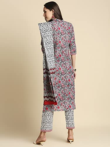 Anubhutee Women Grey & Pink Pure Cotton Floral Print Kurta With Trousers & Dupatta