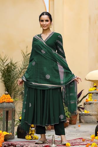 ANNI DESIGNER Womens Rayon Blend Anarkali Printed Kurta with Pant & Dupatta (Berlin GREEN-VKS01_S_Green_Small)
