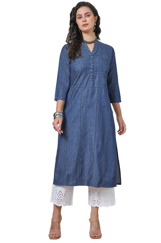Soch Womens Indigo Cotton Blend Checked Mandarin Collar Kurta
