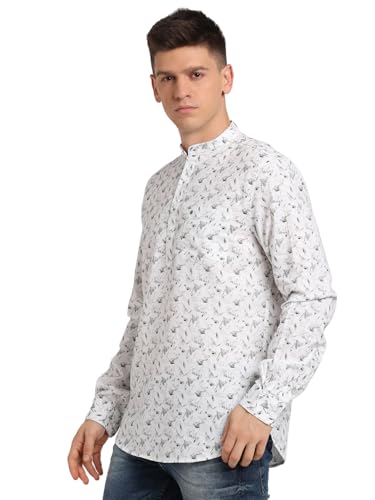 Turtle Men 100% Cotton Slim Fit Off White Printed Kurta Shirt