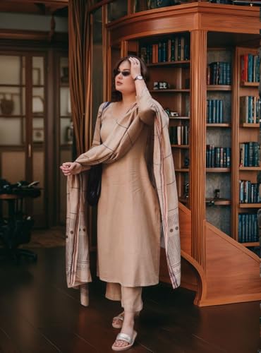 ANNI DESIGNER Womens Rayon Blend Solid Straight Kurta with Pant & Dupatta (Raja Saab Beige-VKS04_XXL_Beige_XX-Large)