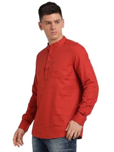 Turtle Men 100% Cotton Brick Red Solid Slim Fit Casual Kurta Shirt