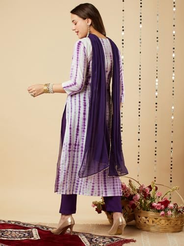 ANNI DESIGNER Womens Cotton Blend Straight Printed Kurta with Pant & Dupatta (Tiedye-BEGANI_M_Violet_Medium)