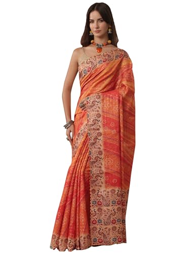 Orange Bandhani Woven Design Silk Blend Saree With Unstitched Blouse Piece