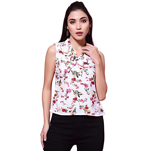 OOMPH! Womens Crepe Printed top with Tie Neck and Sleeveless