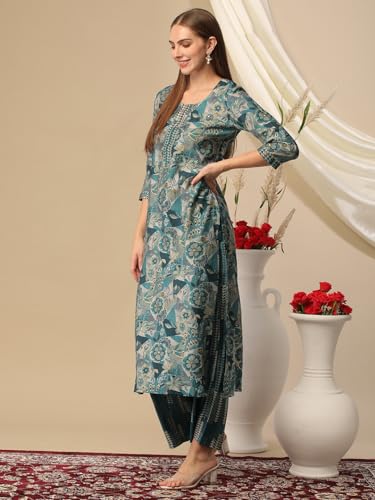 ANNI DESIGNER Womens Cotton Blend Straight Printed Kurta with Palazzo (Kanjirang Blue-NJ_M_Blue_Medium)