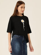 KOTTY Womens Cotton Blend Black Printed Oversized T-Shirts