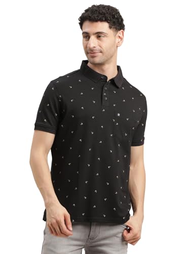 Turtle Men Black Printed Slim Fit Pure Cotton Polo T-Shirt