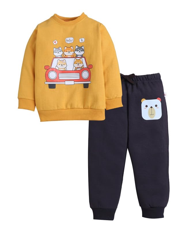 Bumzee Boys Mustard & Brown Spun Fleece Full Sleeves Graphic Print Regular Fit Sweatshirt & Jogger Set - 12-18 Months (Peb11092D