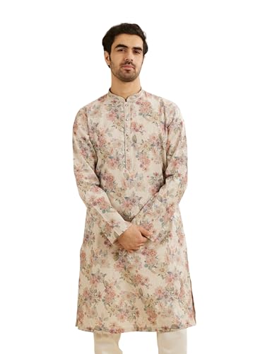 Manyavar MenS Cotton Blendfloral Digital Print Long Kurta (Natural,Xxxl)