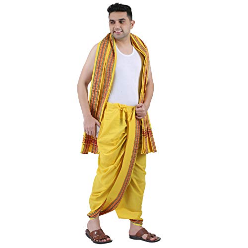 Prakasam Cotton MenS Panchakachamready Made (Ready To Wear) Dhoti Towel Set With Pocket- Free Size (Yellow)