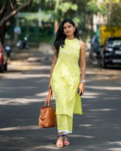 ANNI DESIGNER Womens Rayon Blend Straight Block Printed Kurta with Pant (Lemon-Lime_XL_Green_X-Large)