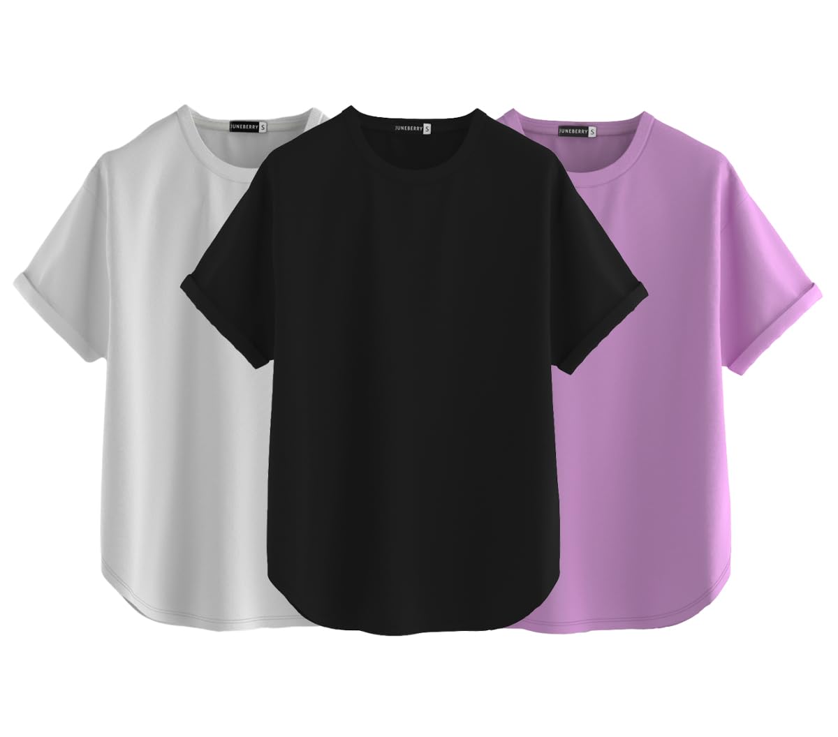 Juneberry Pure 100% Cotton Oversized Loose Baggy Fit Round Neck With Drop Shoulder Black & White & Lilac Half Sleeves Boyfriend 