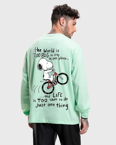 Bewakoof MenS Move On Graphic Printed T-Shirt, Oversized Fit, Round Neck, Full Sleeve_587155_Green_L
