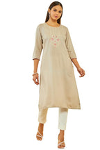 Soch Womens Beige Rayon Floral Embroidered Round-Neck Straight Kurta