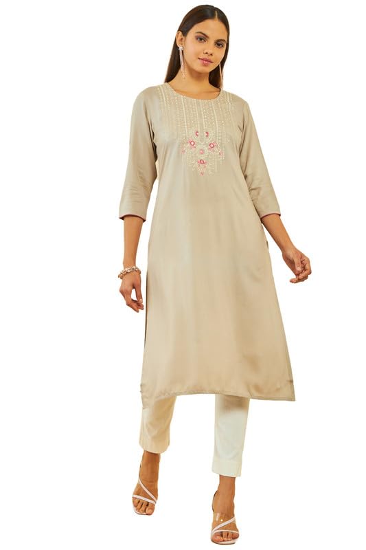 Soch Womens Beige Rayon Floral Embroidered Round-Neck Straight Kurta