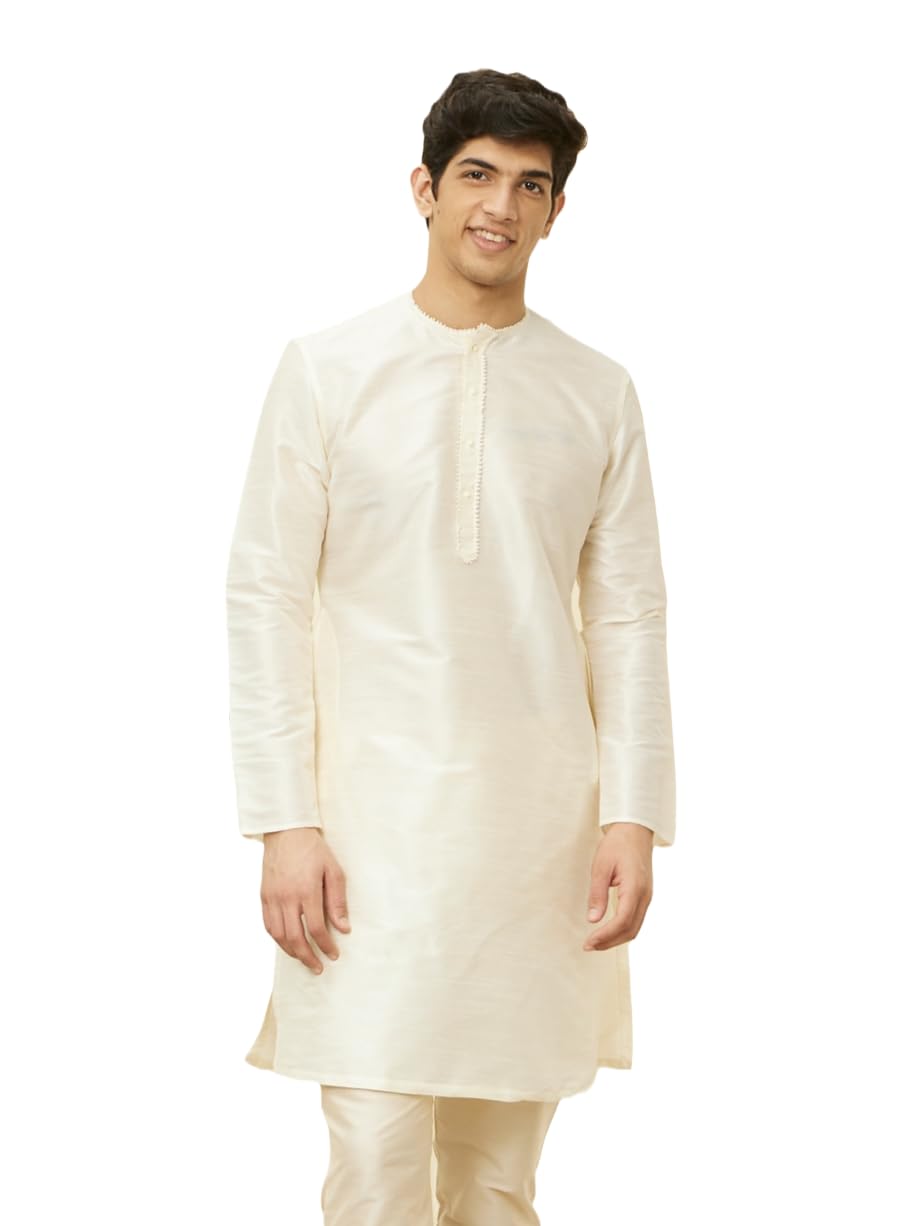 Manyavar MenS Full Sleeve Mid-Thigh Blended Kurta, Off-White - Xx-Large (Mk50103-340)