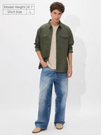 The Souled Store Solids: Olive Green Men And Boys Long Sleeves Collared Neck Button Front Regular Fit Cotton Utility Shirts