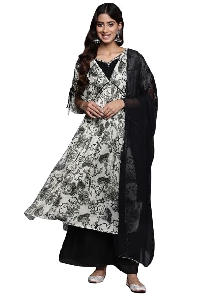 Varanga Women Off-White And Black Floral Printed Pure Silk Chinon, Embroidered V-Neck Aliya Cut Extended Sleeve Kurta Paired Wit