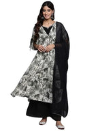Varanga Women Off-White And Black Floral Printed Pure Silk Chinon, Embroidered V-Neck Aliya Cut Extended Sleeve Kurta Paired Wit