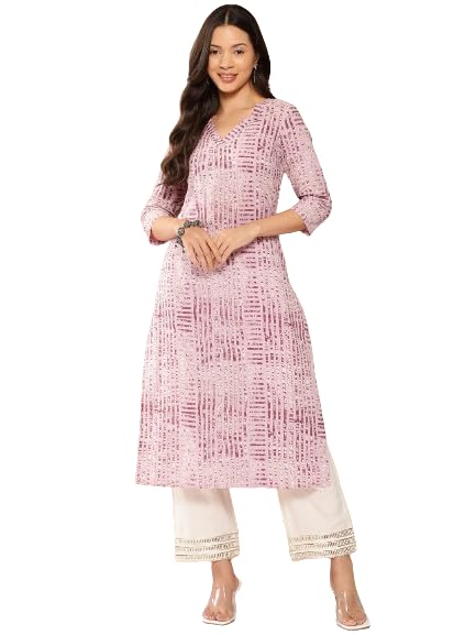Lavender Stripe Printed V-Neck Embellished With Triangular Lace, Three Quarter Sleeves With Gota Lace Detail, Straight Kurta Wit