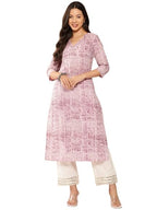 Lavender Stripe Printed V-Neck Embellished With Triangular Lace, Three Quarter Sleeves With Gota Lace Detail, Straight Kurta Wit