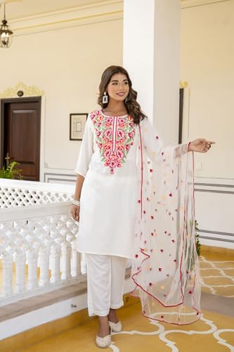 Lookmark Women'S Embroidered Cotton Blend Set: This Elegant Ensemble For Special & Casual Wear, Includes A Straight Kurta Pant With Dupatta
