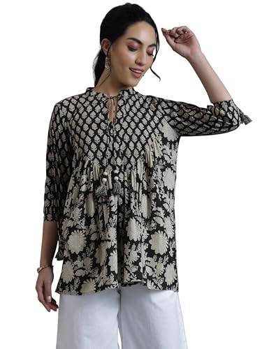 Libas WomenS Cotton Printed A-Line Kurti (29067R_Black