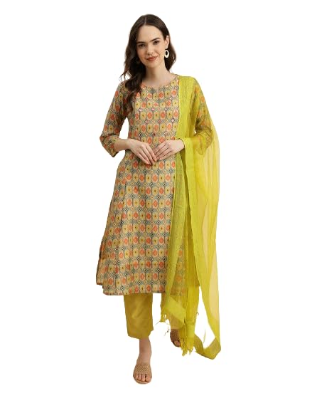 Varanga Ikat Printed A-Line Mirror Embroidered Kurta Paired With Straight Trouser And Dupatta