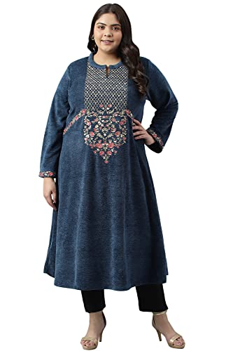 W For Woman Women'S Polyester Floral Regular Kurta (22Now18631G-218482_Navy