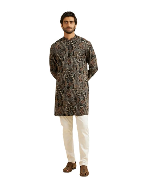 Manyavar MenS Spandex Abstract Digital Print Long Kurta (Black,Xl)