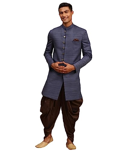 Vastramay MenS Navy Blue Silk Blend Sherwani Set | Imported Fabric Designer Indowestern And Pant Style Pyjama