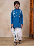 Pspeaches Boys Mandarin Collar Floral Yoke Design Regular Thread Work Kurta With Dhoti Pants (10-12Years)