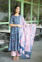 ANNI DESIGNER Womens Cotton Blend Anarkali Printed Kurta with Pant & Dupatta (NINA KEROCIN_S_Blue_Small)