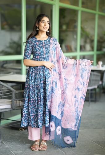 ANNI DESIGNER Womens Cotton Blend Anarkali Printed Kurta with Pant & Dupatta (NINA KEROCIN_S_Blue_Small)