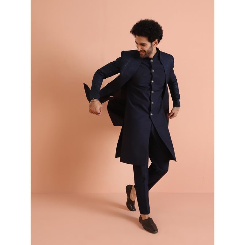 Kisah Mens Indo-Western Sherwani Trouser Set|Silk Blend Fabric Sherwani Set With Trousers Self Design Pattern Mens Ethnic Wear|R