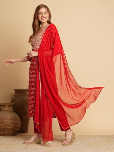 ANNI DESIGNER Womens Cotton Blend Straight Printed Kurta with Pant & Dupatta (Lashya Red_S_Red_Small)